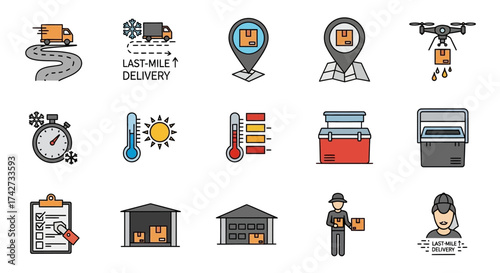 Logistics and Supply Chain Management Color Line Icon Set.