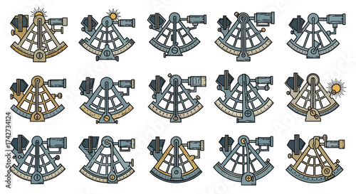 Set of Illustrated Sextants for Celestial Navigation.