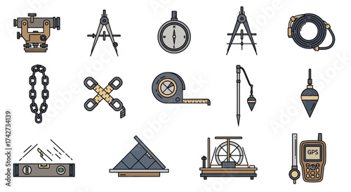 Set of Land Surveying and Measurement Equipment Illustrations.