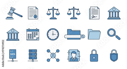 Set of Law Justice and Data Management Icons.