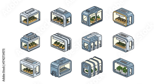 Set of isometric smart greenhouses and terrariums for indoor farming.