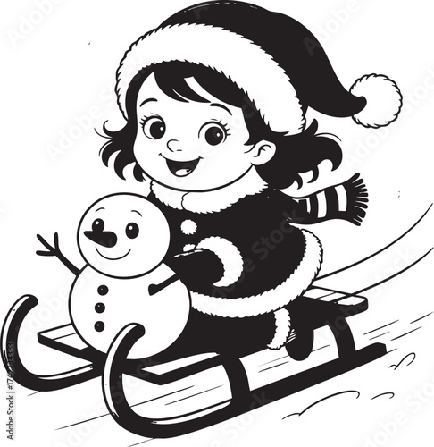 A cartoon girl in a santa hat sledding with a snowman on a wooden sled in a snowy winter scene