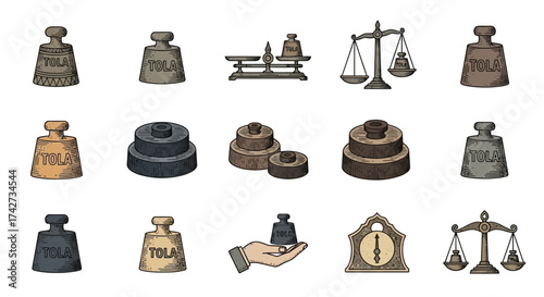 Vintage Collection of Hand Drawn Weights and Balance Scales.