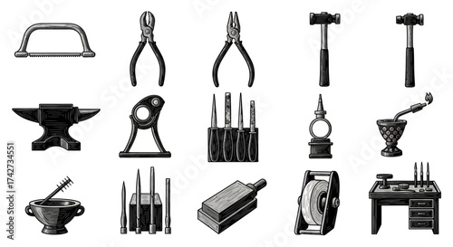 Vintage Engraved Collection of Assorted Industrial and Craft Tools.