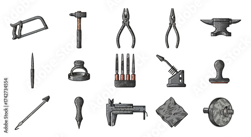 Vintage Hand Drawn Collection of Metalworking and Jewelry Tools.