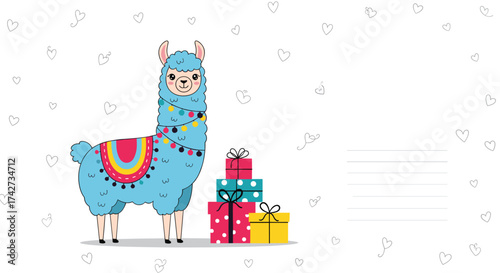 A happy llama with colorful gifts and decorations on a white background.