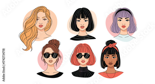 Diverse group of stylized women with various hairstyles and sunglasses representing beauty and individuality.