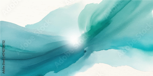 Abstract blue watercolor background evoking a cold winter landscape of ice and snow, reflecting the blue sky with clouds over a distant mountain