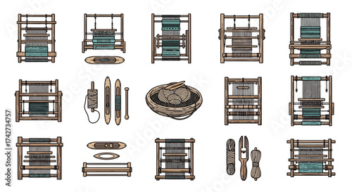 A Detailed Illustrated Set of Weaving Looms and Tools.