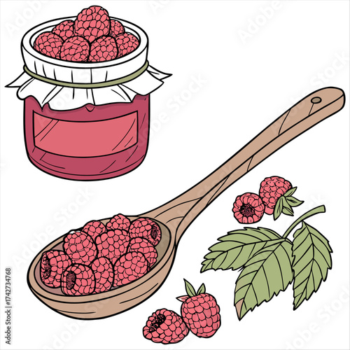 Luscious raspberry jam glistening in a rustic wooden spoon, a spoonful of summer's sweetness with warm light and clean white background.