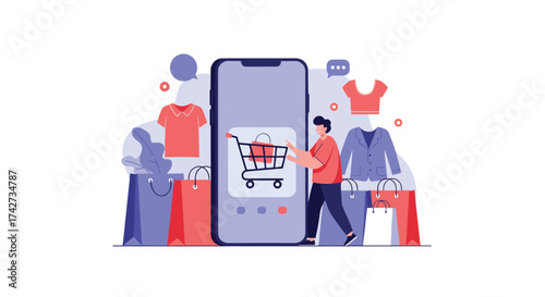 Man using a mobile app for online shopping with clothes and bags.