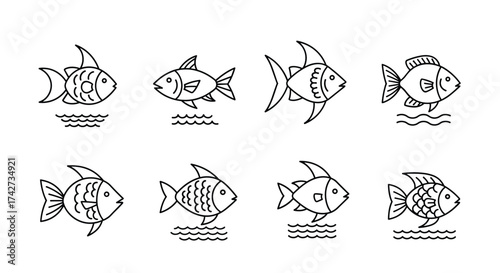 A collection of eight simple black and white line art drawings of different fish species swimming in water.
