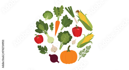A vibrant circular arrangement of fresh vegetables and fruits.