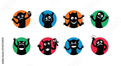 A collection of eight cute and scary cartoon monsters with different expressions and colors.
