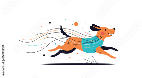 A happy cartoon dog is running with a blue shirt on. It's a playful illustration.