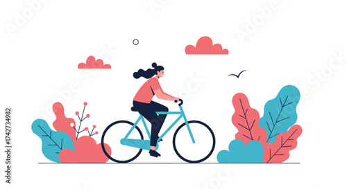 A person enjoys a scenic bicycle ride through a park surrounded by blooming flowers and lush greenery on a bright sunny day.