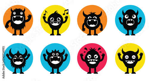A collection of cute and silly cartoon monsters with different expressions and emotions.