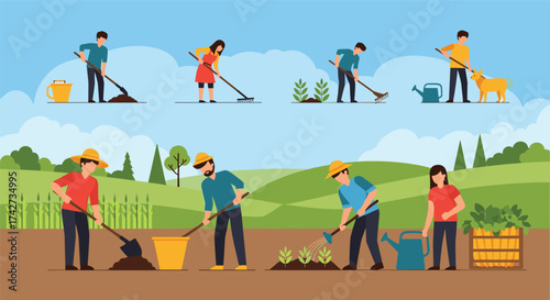 Illustrations of people gardening planting vegetables and caring for plants in a field setting.