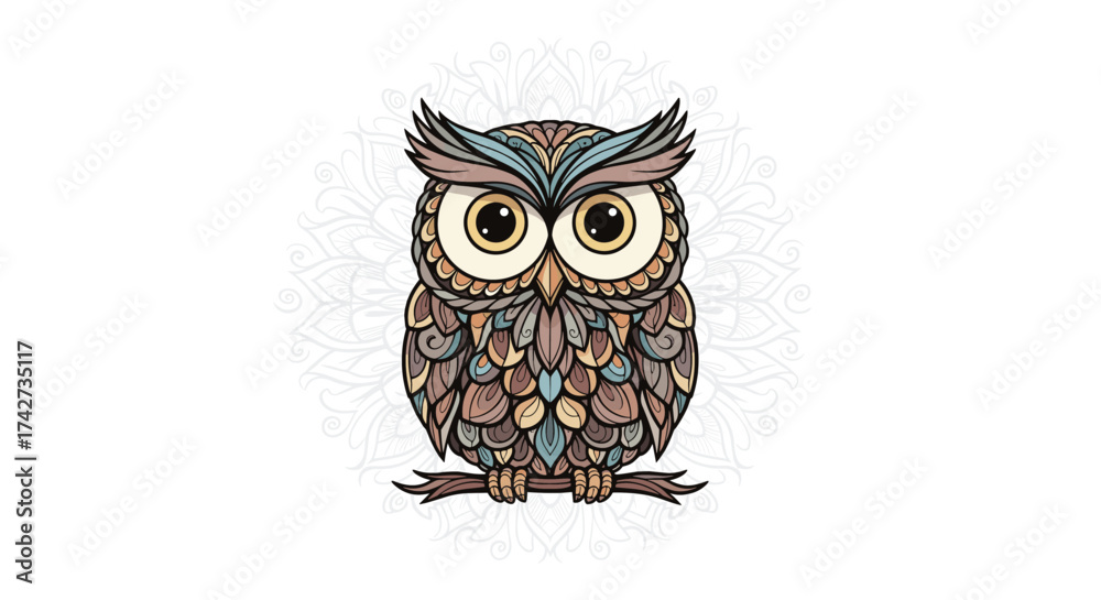 Fototapeta premium An intricately designed colorful owl perched on a branch with a mandala pattern in the background.