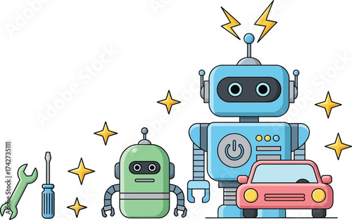 Robotics and car repair cartoon vector illustration design