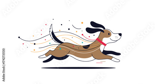 A happy brown dog with a red collar is running fast with colorful lines behind its body.