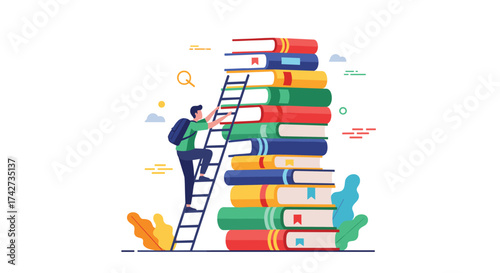 A person climbing a ladder up a stack of books.