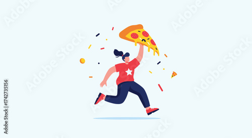 A person runs with a giant slice of pizza over their head celebrating with confetti.