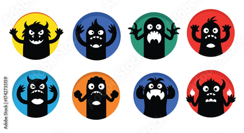 A collection of eight adorable and frightening monster avatars in vibrant circular backgrounds.