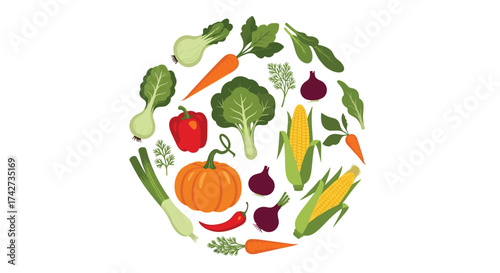 A vibrant circular arrangement of fresh healthy vegetables and produce for healthy eating.