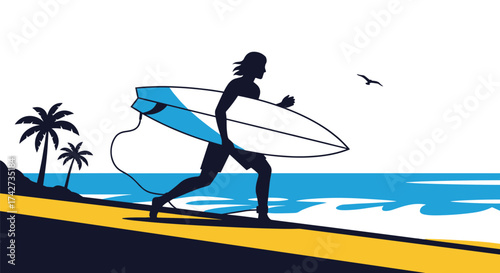A surfer runs towards the ocean with a surfboard on a sunny day.