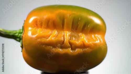 Detailed timelapse video of green bell pepper ripening turning yellow then red and starting to decay