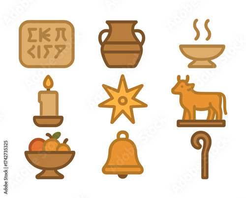 Vector Ancient symbols and artifacts collection featuring bowls, vase, candle, star, bell, and cow statue