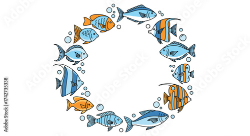 A charming circular arrangement of colorful fish and bubbles creates a delightful underwater scene.