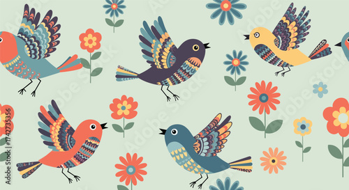 A delightful pattern of small birds in flight surrounded by colorful flowers and a soft green background.