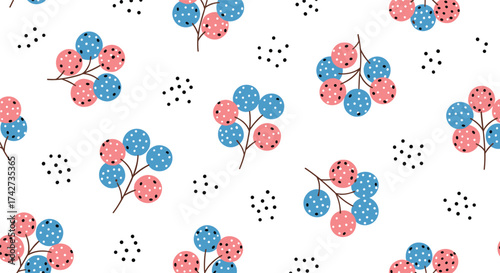 A delightful pattern of pastel berries and scattered dots on a white background.