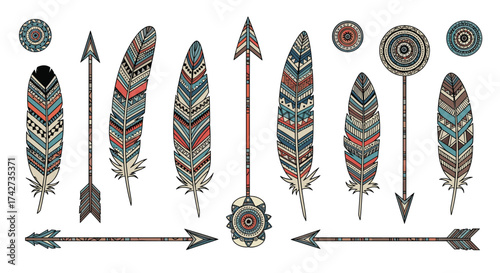 Bohemian tribal patterned feathers and arrows with decorative native american inspired elements.