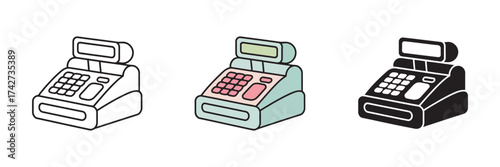 Cash register icon set featuring outline, color, and glyph styles. Vector graphic illustration for shopping, payment, and finance concepts. 