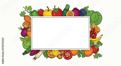 A vibrant frame of fresh fruits and vegetables surrounds a blank white space.