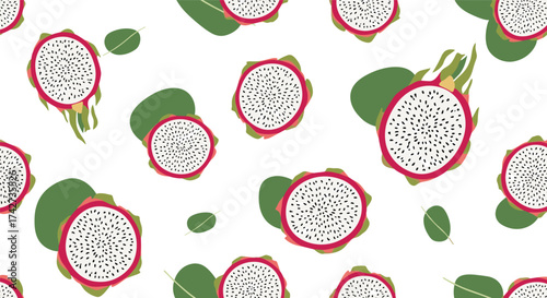 A seamless pattern featuring sliced dragon fruits with vibrant green leaves on a white background.