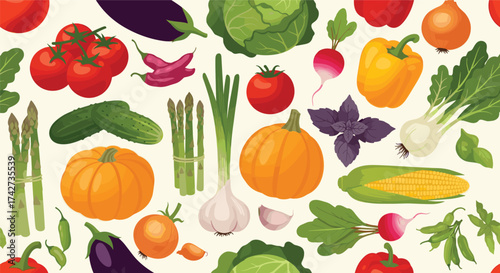 A vibrant assortment of fresh garden vegetables in a delightful pattern.