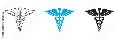 Medical Caduceus Symbol Vector Set Outline, Blue, Black Icons for Healthcare Branding and Professional Design Projects