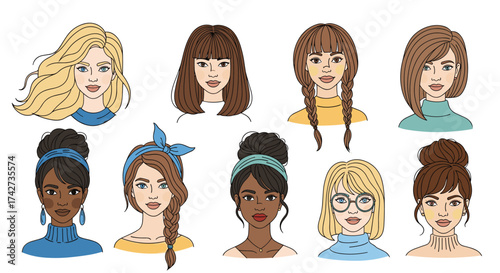 A diverse group of women's portraits showcasing different hairstyles and expressions.