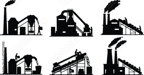 Industrial factory silhouettes, workers with machinery, conveyor systems, smokestacks, manufacturing process, black icons, material handling, production scenes, vector illustration, automation