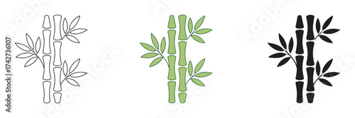 Set of bamboo plant icon with outlines and flat color with leaves isolated on a white background