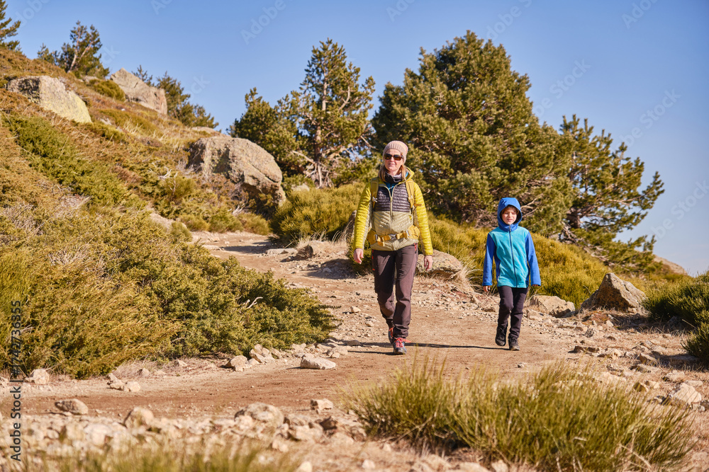 Naklejka premium Mother and son descending a mountain path