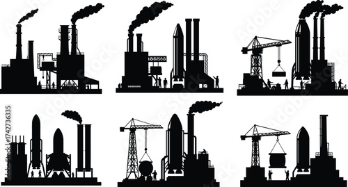 Rocket factory silhouettes, industrial space construction, futuristic launch site, space industry workers, black and white vector art, space exploration design