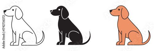 Collection of dog icons in a sitting profile pose. This vector set includes outline, silhouette, and simple colored styles of a canine pet for graphic design