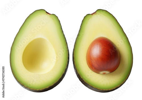 Fresh green avocado halves with seed isolated on a transparent background