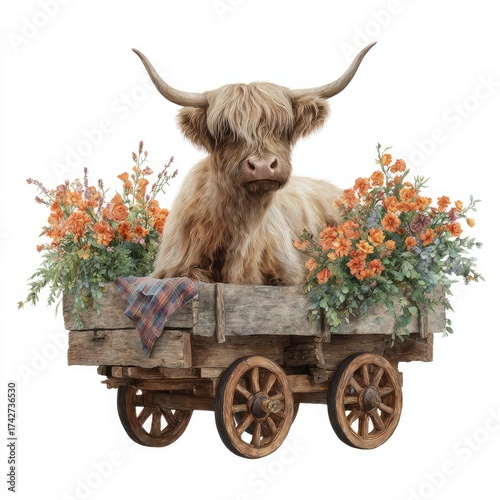 Highland Cow in Wooden Cart with Orange Flowers cattle