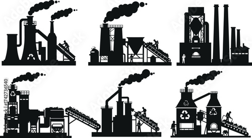 Set of industrial factory silhouettes, recycling and waste processing plants with workers, chimneys, conveyor belts, pollution, and environmental concept.